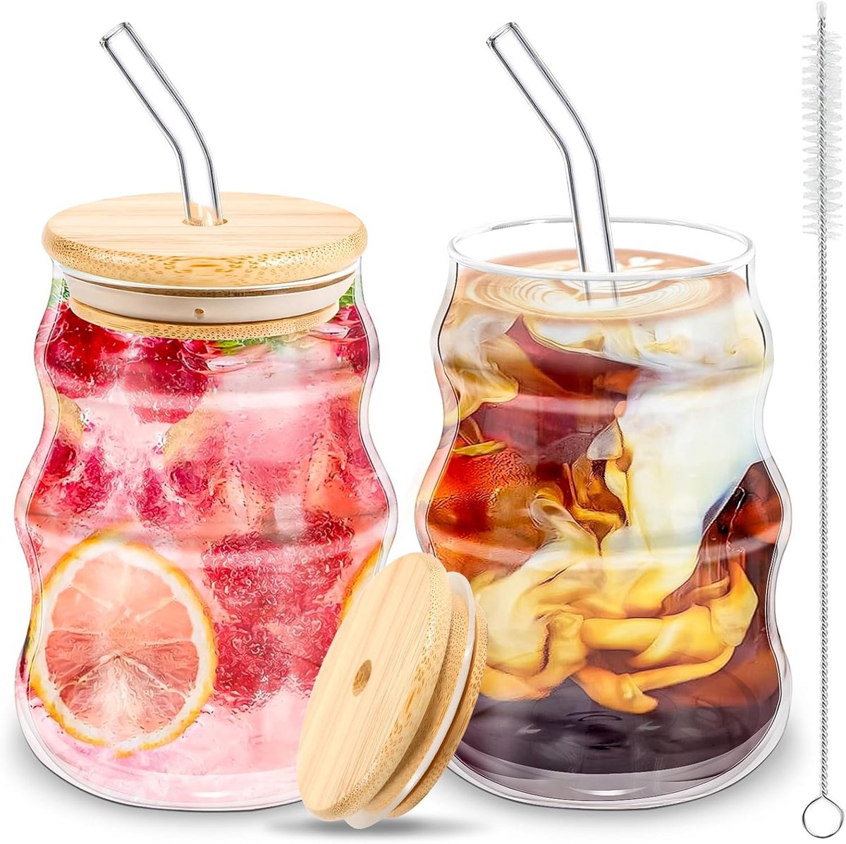 Set van 2 geribbelde ijskoffiebekers met bamboe deksel en glazen rietjes - 530 ml