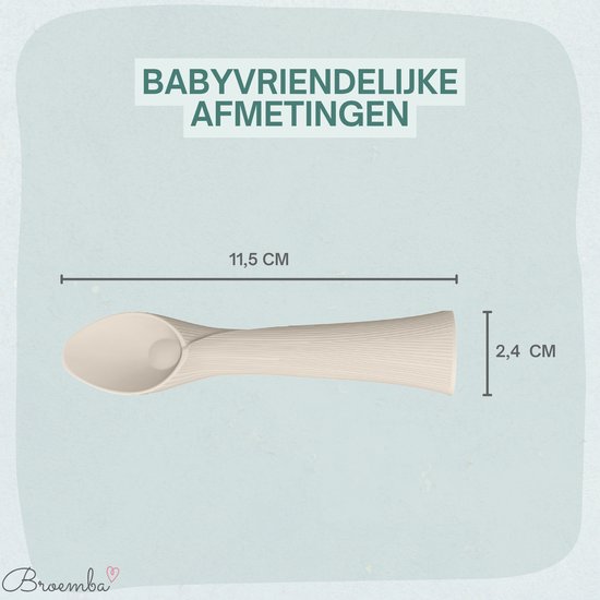 Cuillère bébé beige mesurant 11,5 cm de long et 2,4 cm de large. Texte 'Dimensions adaptées aux bébés'.