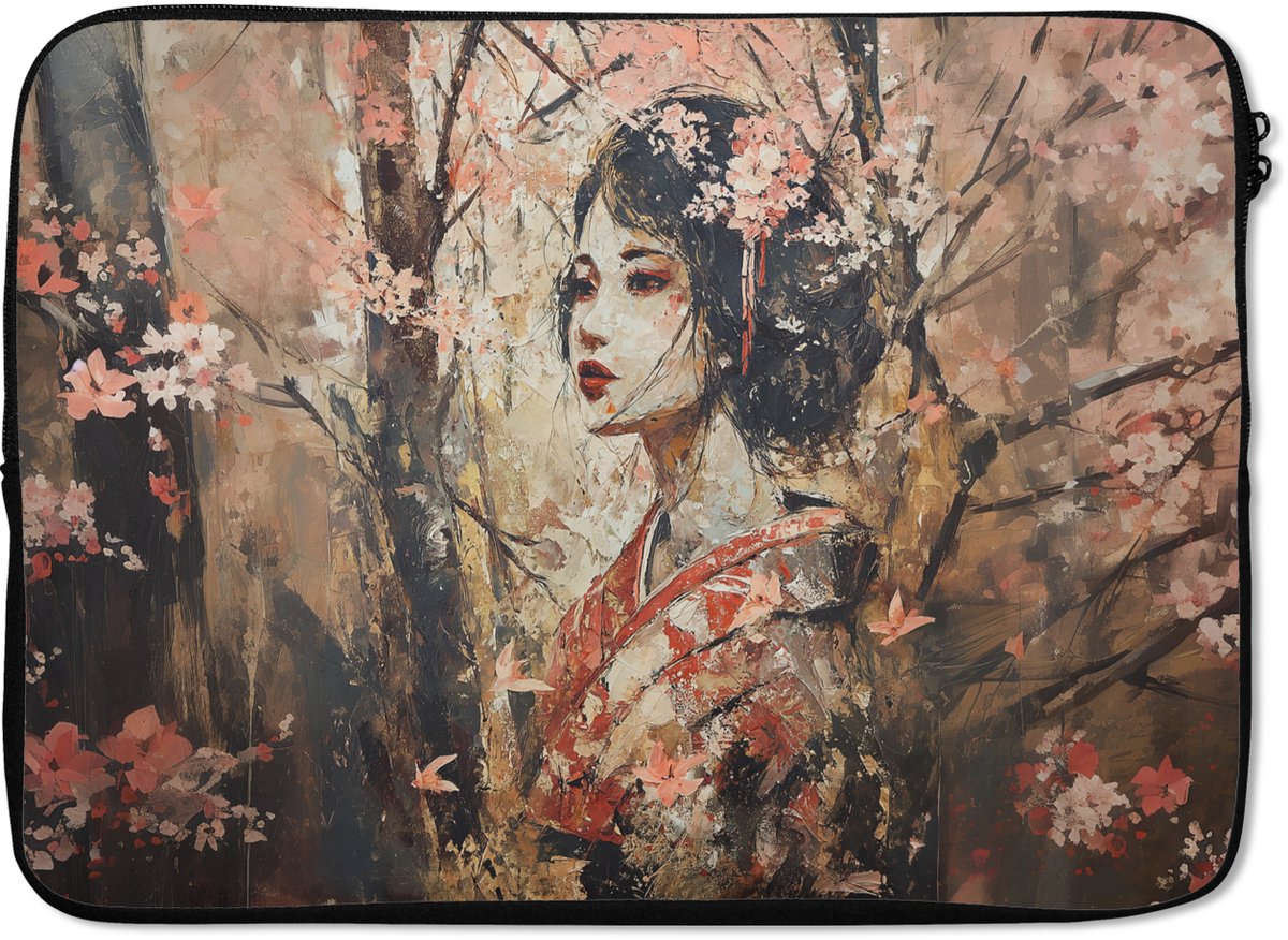 Laptophoes 13 inch - Kimono - Vrouw - kersenbomen - Laptop sleeve - Binnenmaat 32x22,5 cm - Zwarte achterkant
