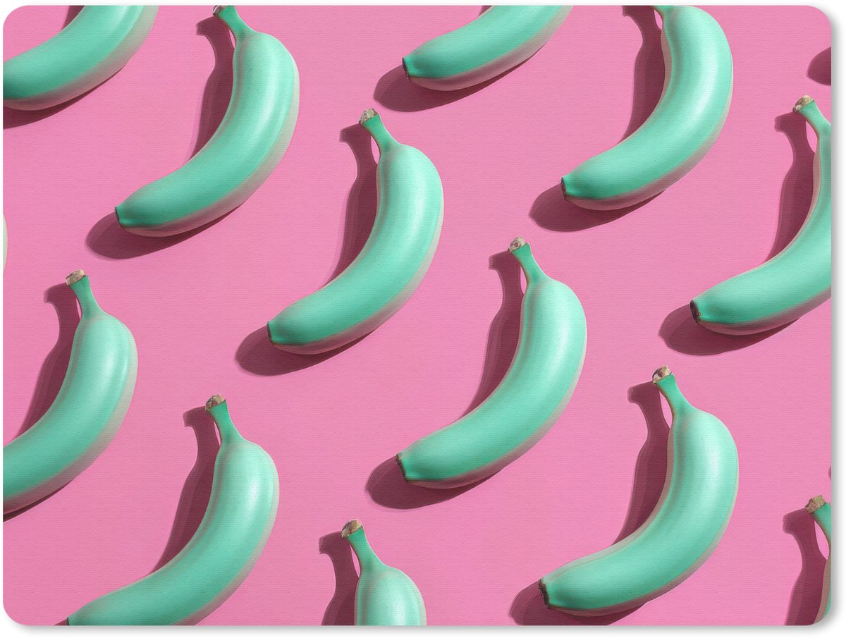 Muismat 23x19 cm - Mousepad Bananen - Patroon - Blauw - Roze - Muismatten