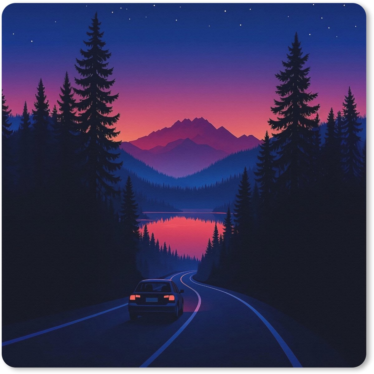 Muismat XXL 80x80 cm - Bureau onderlegger - Bureau mat Auto - Donkere dennenbomen - Zonsondergang - Bureaumat - Gaming mousepad xl - Bureaulegger groot - Computer deskmat