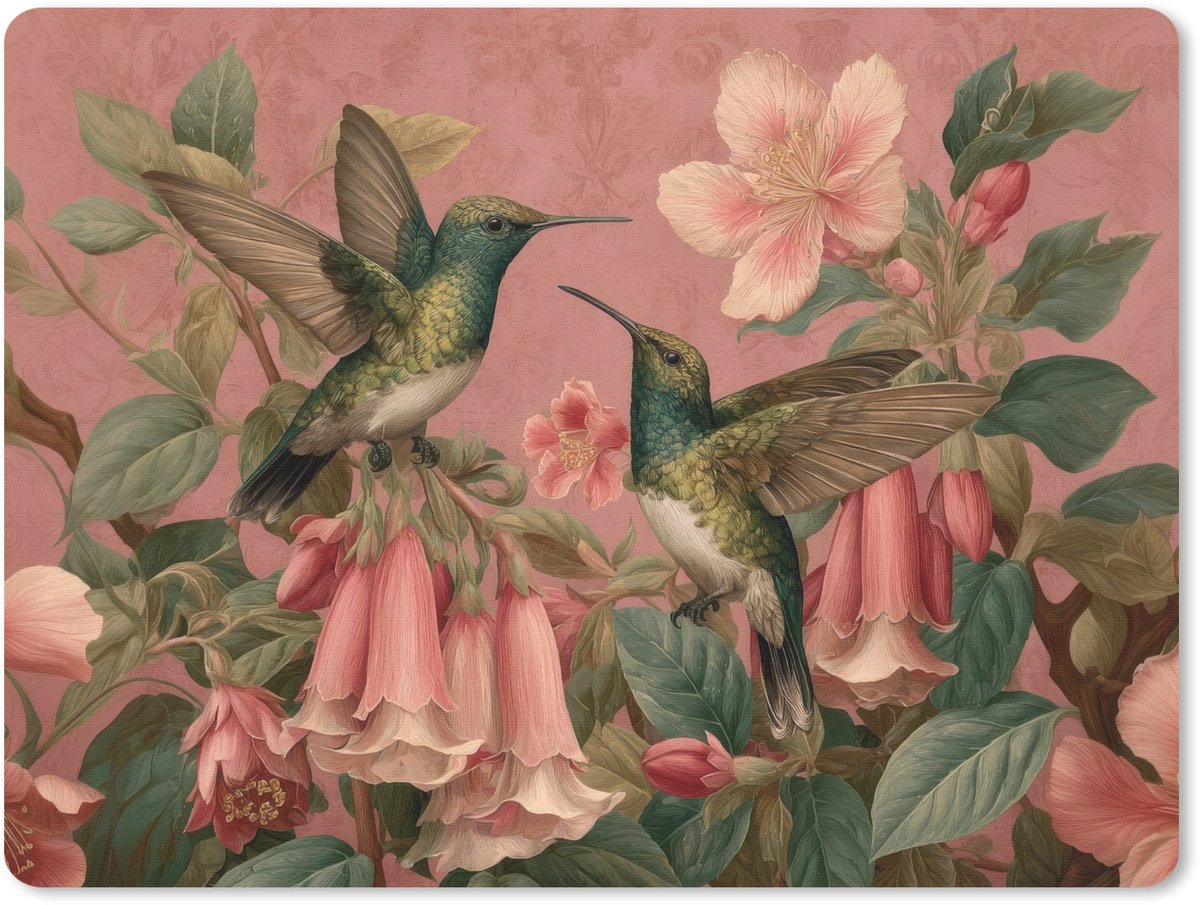 Muismat 23x19 cm - Mousepad Kolibries - Bloemen - Groen - Roze - Muismatten