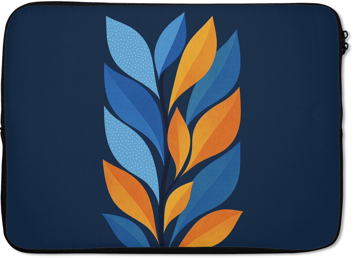 Laptophoes 13 inch - Abstract - Bladeren - Blauw - Laptop sleeve - Binnenmaat 32x22,5 cm - Zwarte achterkant
