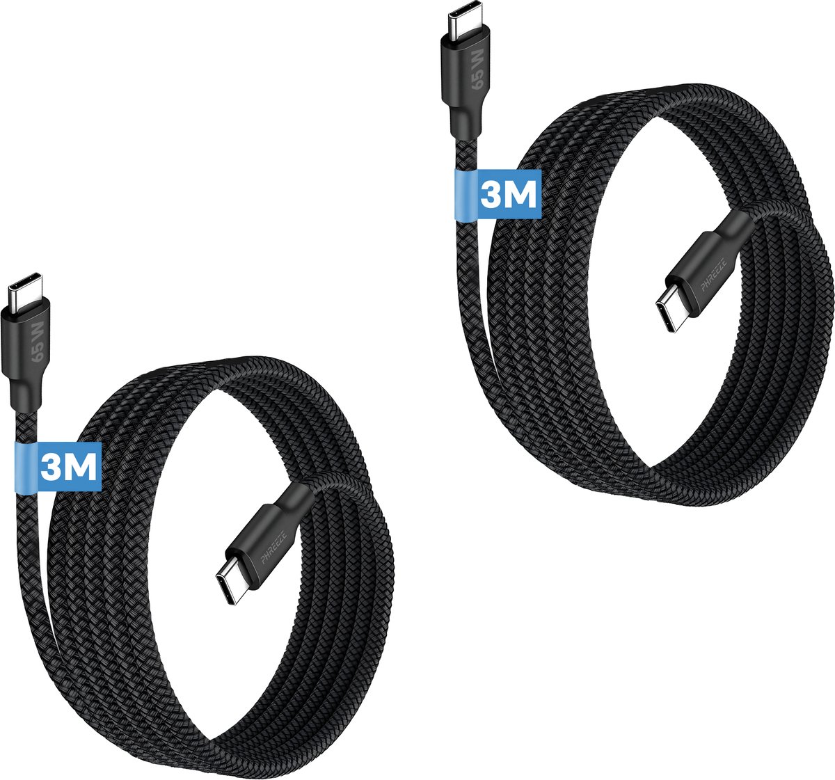 Usb C kabel 3m - Stevig nylon - 65W snelladen - 480Mbps data