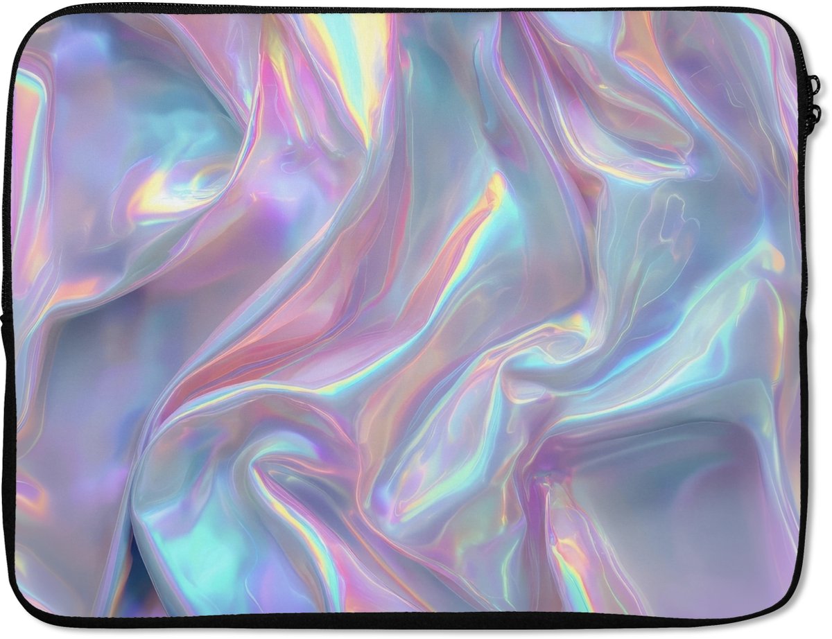Laptophoes 15.6 inch - Golvend - Pasteltinten - Glanzend - Stof - Laptop sleeve - Binnenmaat 37x26 cm - Zwarte achterkant
