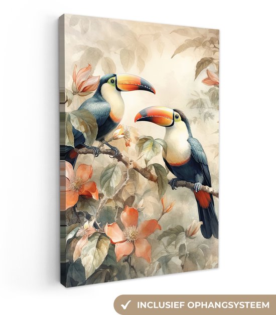 Canvas schilderij 80x120 cm - Wanddecoratie Toekan - Vogels - Bloemen - Tak - Muurdecoratie woonkamer - Slaapkamer decoratie - Kamer accessoires - Schilderijen op canvas