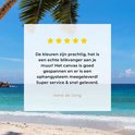 Une plage tropicale avec du sable blanc, des palmiers et une mer d'azur, avec un avis client.