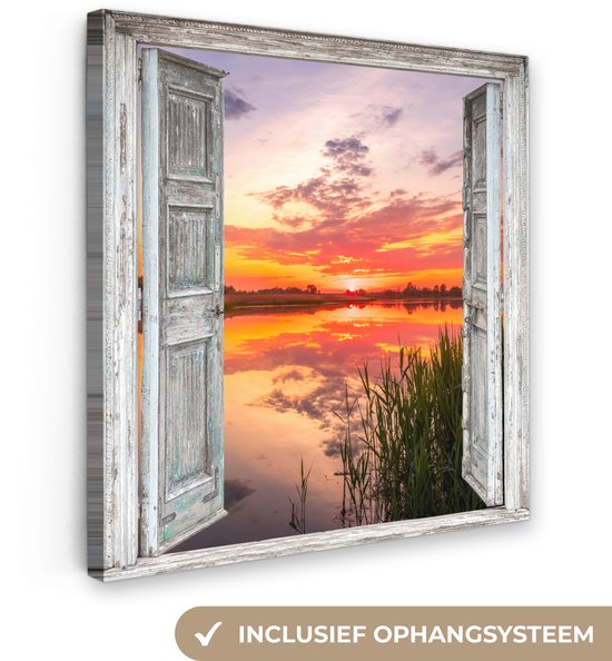 Canvas schilderij 20x20 cm - Wanddecoratie Landschap - Zonsondergang - Water - Doorkijk - Muurdecoratie woonkamer - Slaapkamer decoratie - Kamer accessoires - Schilderijen op canvas