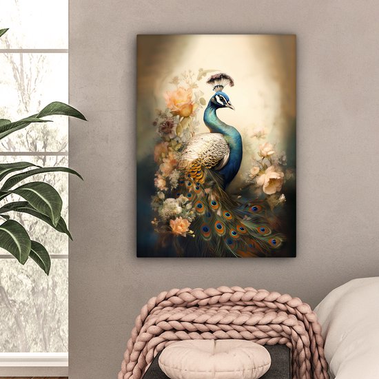 Tableau sur toile Paon - Plumes de paon - Fleurs - Vogels - Botanique - 60x80 cm - Décoration murale