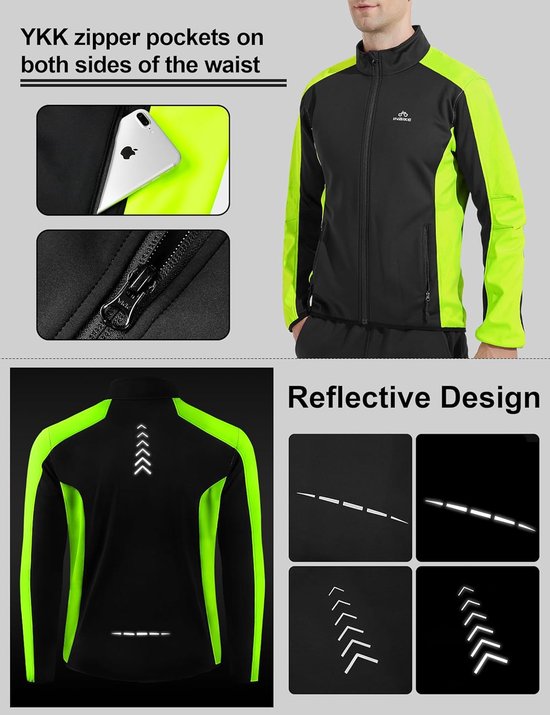 Zwarte fietsjas met neongele mouwen, YKK-ritsen, zakken en reflecterend design op voor- en achterkant.
