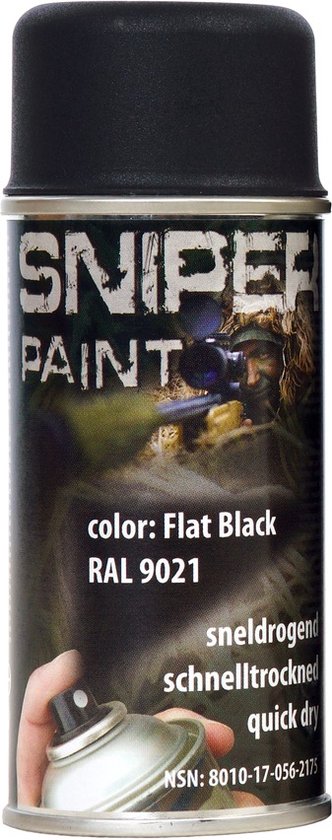Spuitbus Sniper Paint, kleur Flat Black RAL 9021, 150 ml. Met snel drogende formule.