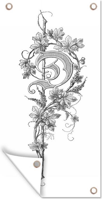 Tuinposter Een antieke illustratie van een houtgravure van de letter D - zwart wit - 30x60 cm - Tuindoek - Buitenposter