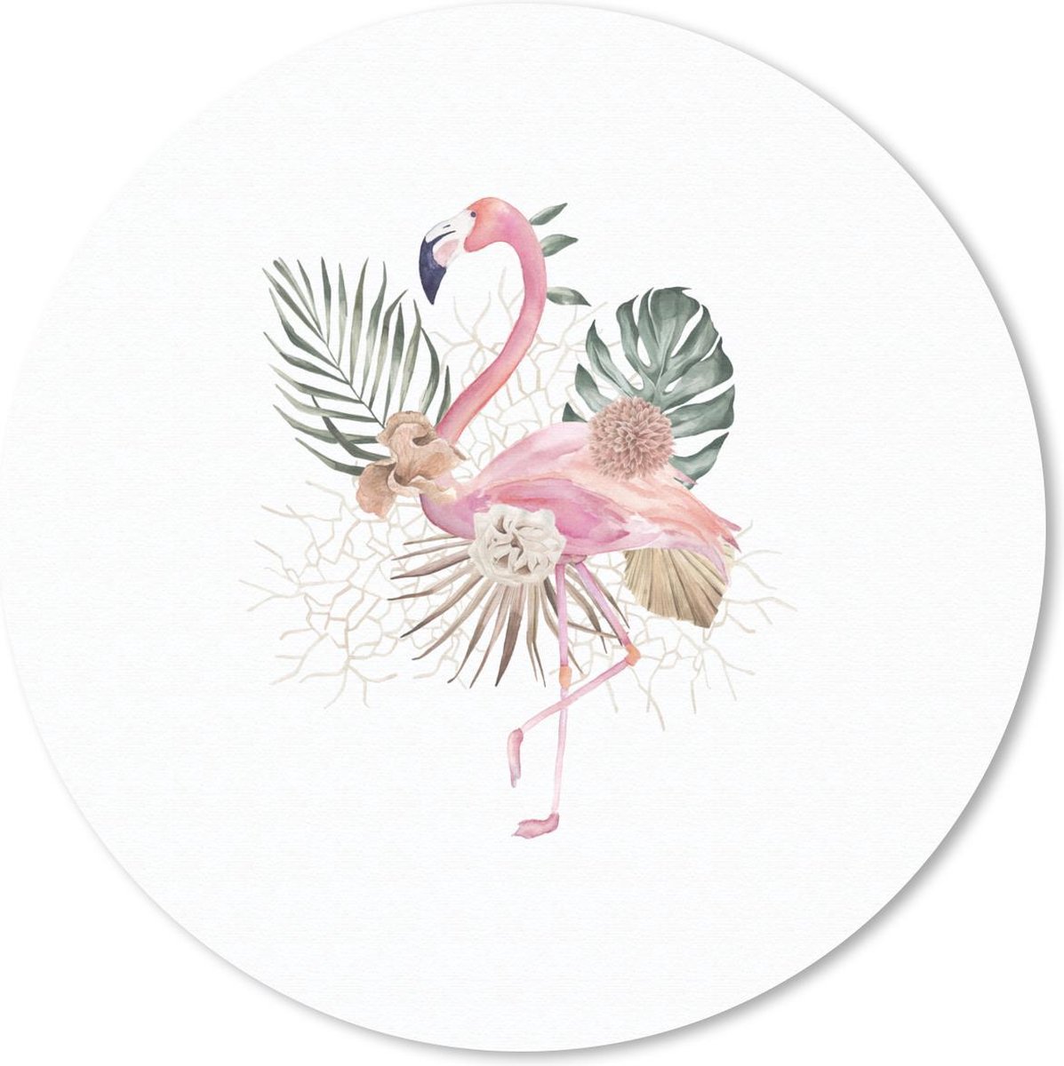 Muismat rond 40x40 cm - Mousepad Flamingo - Bladeren - Bloemen - Tekening - Ronde muismatten
