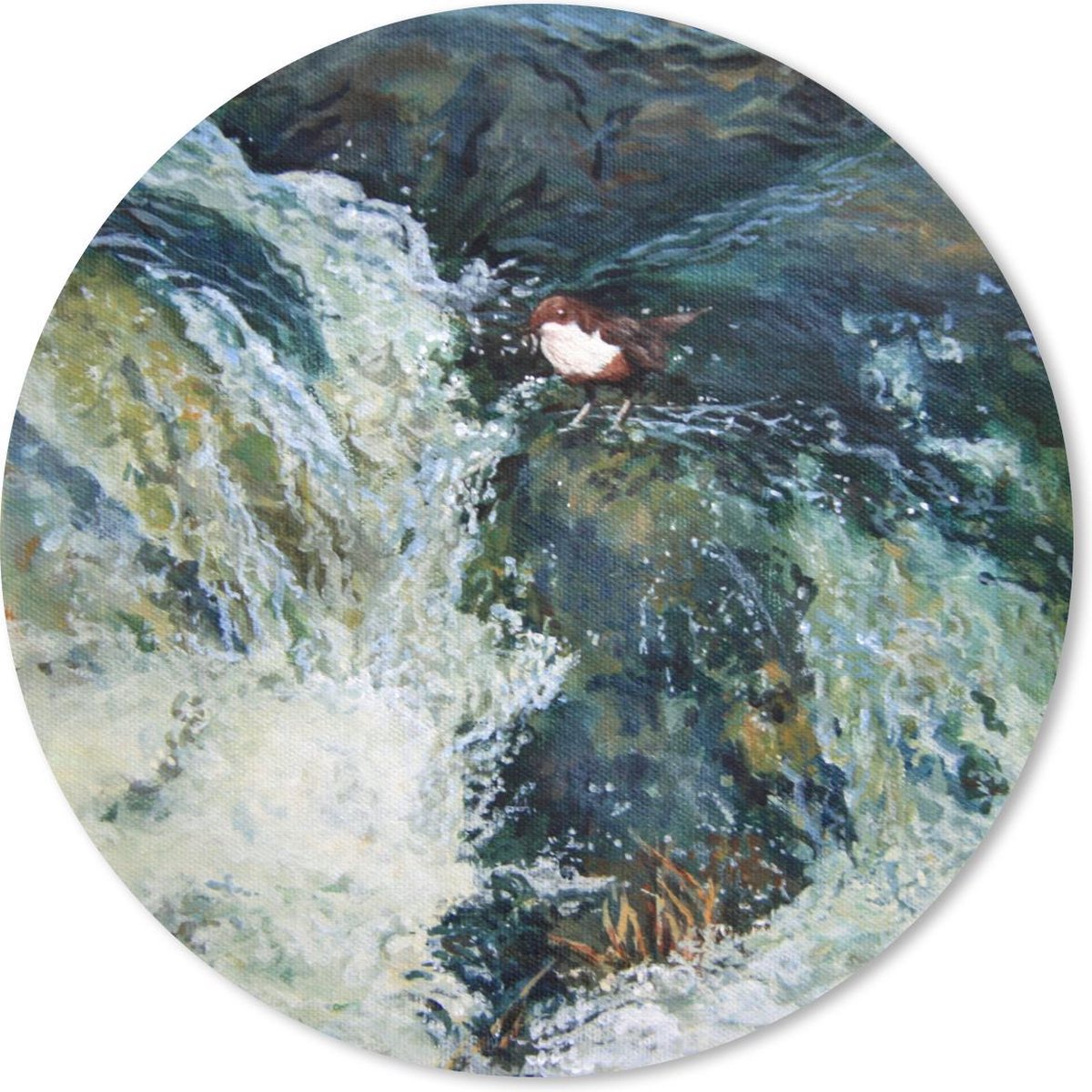 Muismat rond 40x40 cm - Mousepad Olieverfschilderij de Vogel en de Waterval - Ronde muismatten