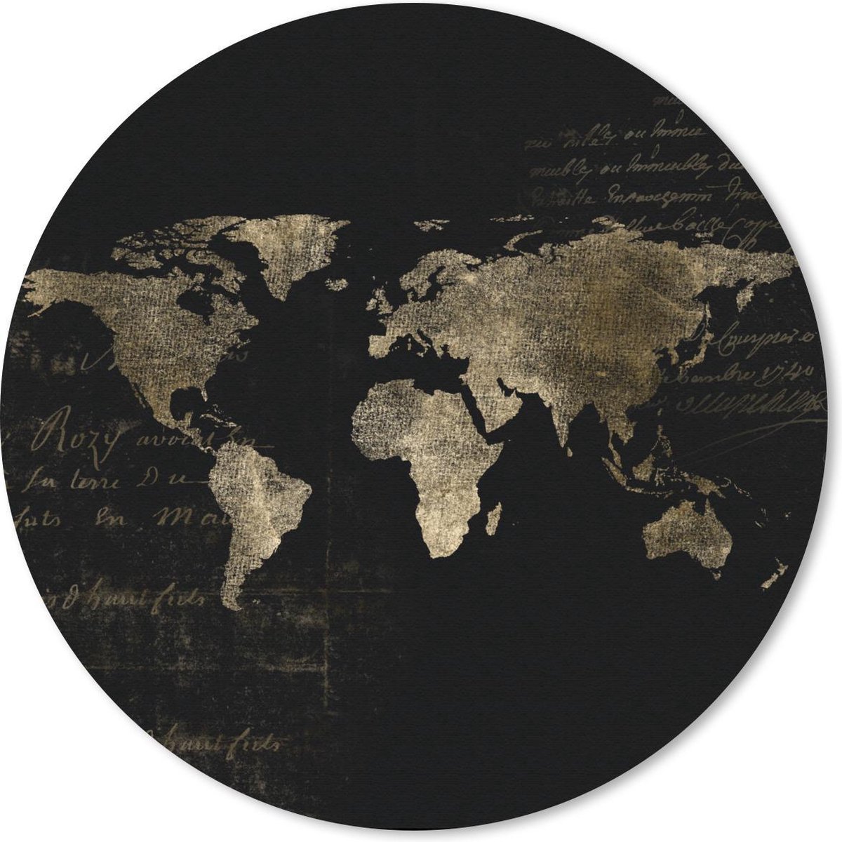 Muismat rond 40x40 cm - Mousepad Wereldkaart - Goud - Letters - Ronde muismatten