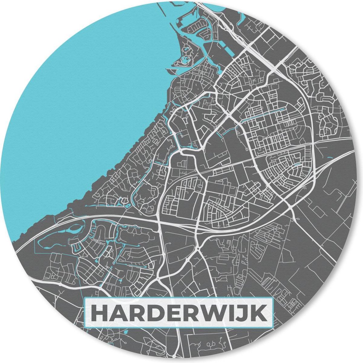 Muismat - Mousepad - Rond - Stadskaart - Harderwijk - Grijs - Blauw - 50x50 cm - Ronde muismat - Plattegrond