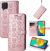 Voor Gaxlay M32 Leuke Kat en Hond Reliëf Horizontale Flip Lederen Case met Houder & Kaartsleuven & Portemonnee & Lanyard (Rose Goud)