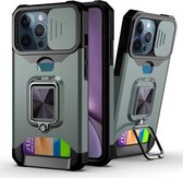 Sliding Camera Cover Design PC + TPU schokbestendig hoesje met ringhouder en kaartsleuf voor iPhone 13 Pro Max (donkergroen)
