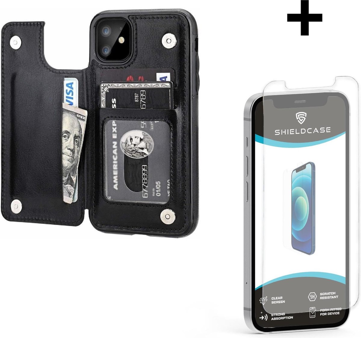 ShieldCase Wallet case geschikt voor Apple iPhone 12 / 12 Pro - 6.1 inch - zwart + glazen Screen Protector