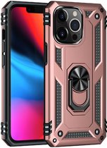 Magnetisch Armor Hoesje Geschikt voor Apple iPhone 13 Pro | Kickstand Back Cover met Standaard | Telefoonhoesje met Ring | Beschermhoes met Magneet voor Auto Houder Roze