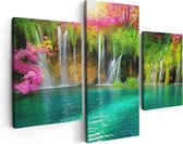 Artaza Canvas Schilderij Drieluik Waterval Met Roze En Groene Bloemen - 90x60 - Foto Op Canvas - Canvas Print
