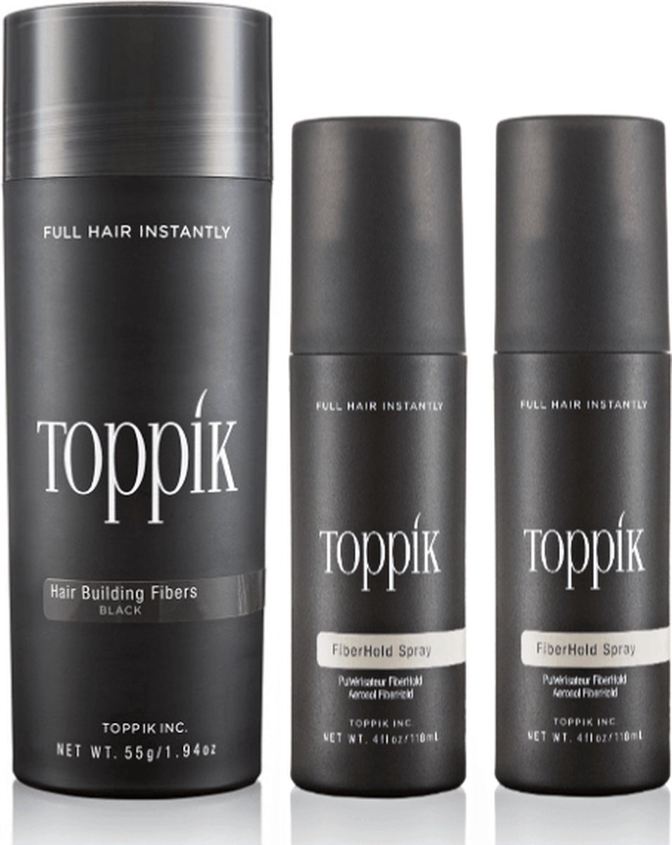 Toppik Hair Fibers Voordeelset Zwart - Toppik Hair Fibers 55 gram + 2 x Toppik Fiberhold Spray 118 ml - Voor direct voller haar