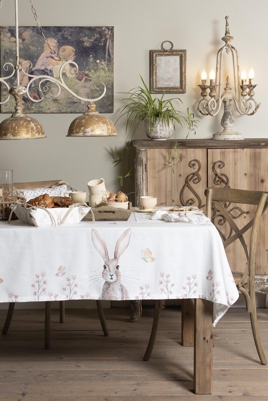 Clayre & Eef Chemin de table 50x160 cm Blanc Marron Coton Lapin