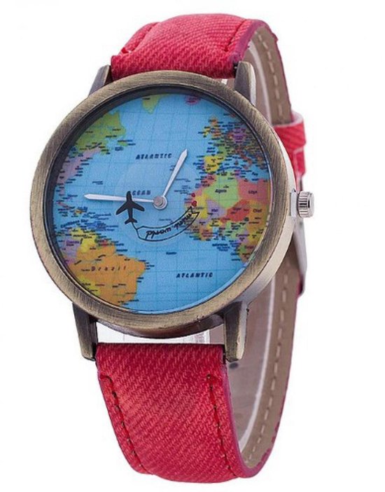 Hidzo Horloge Wereldkaart - Ø 38 mm - Rood - kunstleer