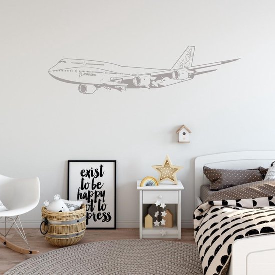 Muursticker Vliegtuig 747 - Zilver - 120 x 30 cm - baby en kinderkamer - voertuig baby en kinderkamer alle