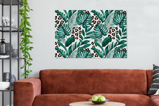 Canvas schilderij 140x90 cm - Wanddecoratie Tropisch - Panterprint - Wit - Muurdecoratie woonkamer - Slaapkamer decoratie - Kamer accessoires - Schilderijen