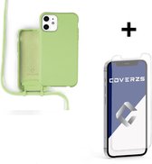 Coverzs Silicone case met koord - Telefoonhoesje met koord - Backcover hoesje met koord - touwtje - geschikt voor Apple iPhone 12 / 12 Pro - lichtgroen + glazen Screen Protector