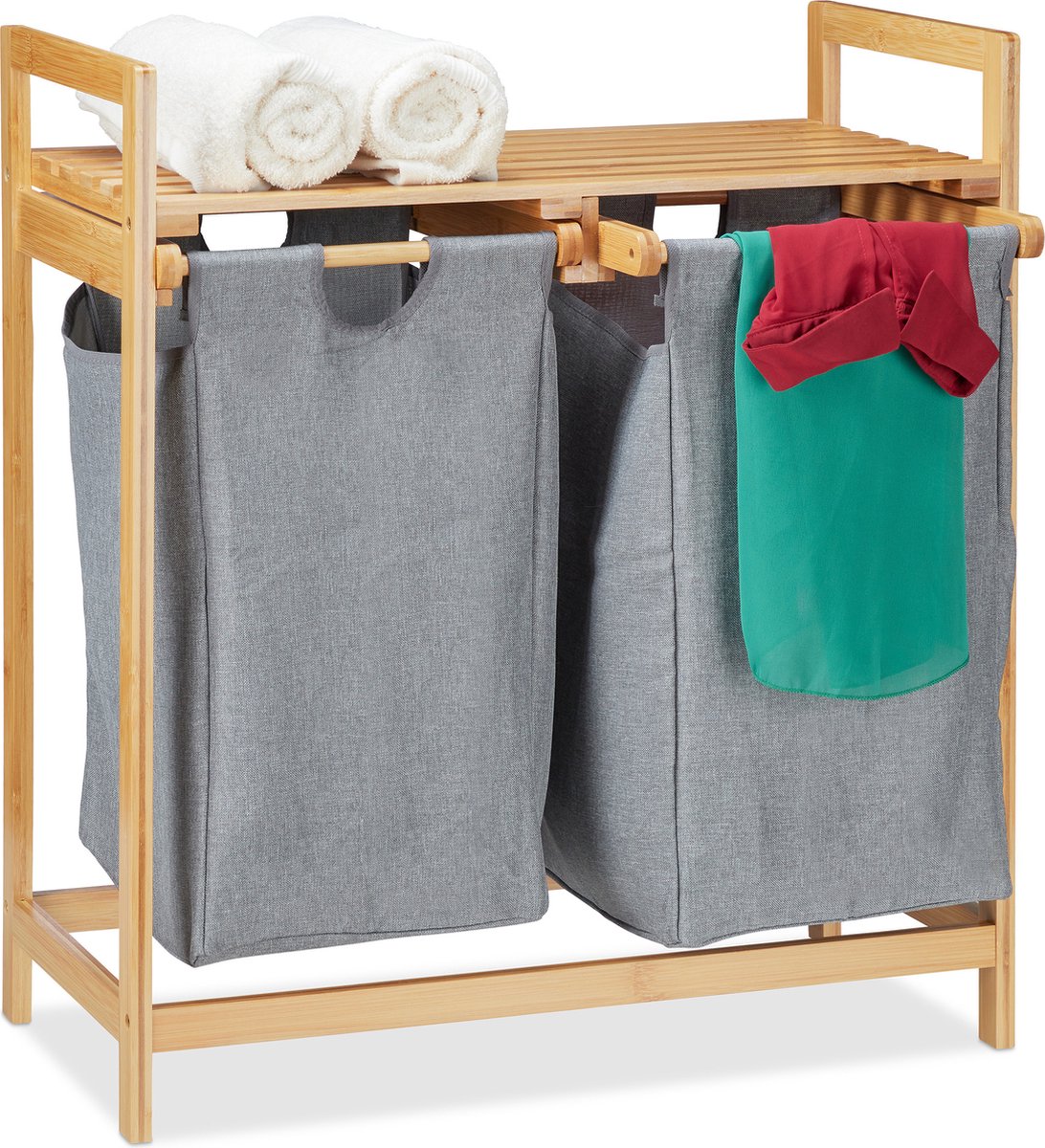 Goedkoopste dubbele wasmand - op poten - 2 vakken - 2x 30 liter waszak - bamboe wassorteerder - natuur-grijs