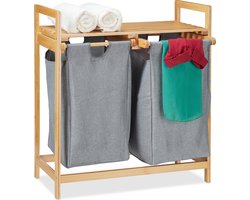 dubbele wasmand - op poten - 2 vakken - 2x 30 liter waszak - bamboe wassorteerder - natuur-grijs