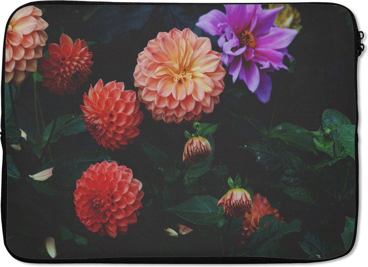 Laptophoes 14 inch - Dahlia's met verschillende kleuren - Laptop sleeve - Binnenmaat 33x23 cm - Zwarte achterkant