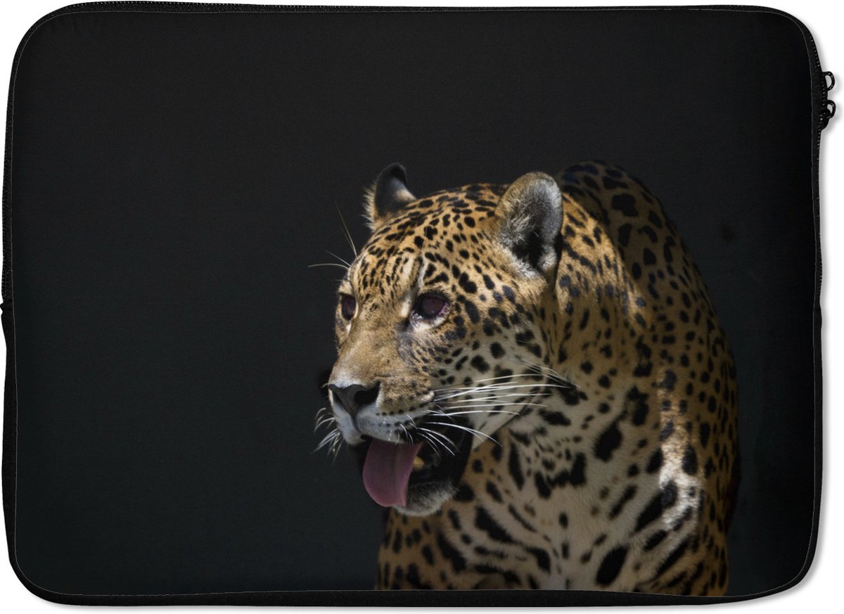 Laptophoes 14 inch - Jaguar - Portret - Zwart - Laptop sleeve - Binnenmaat 33x23 cm - Zwarte achterkant