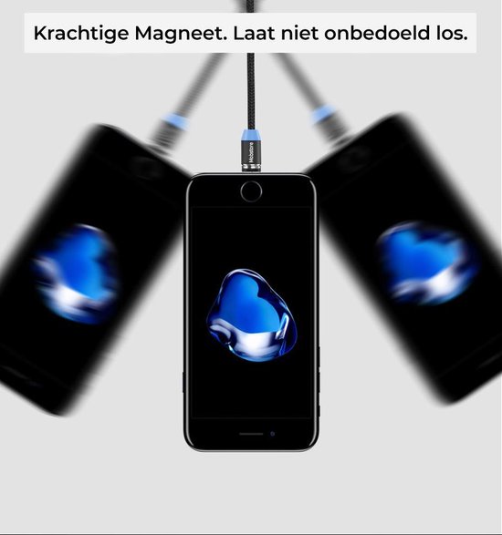 Mobstore Magnetische Oplaadkabel – 2M – Zwart- 3 in 1 – Snellader – Apple Lightning / USB-C / Micro USB – Magneet Oplader – 2.4A Fast Charge Output – Sterke Magneet – iPhone / Samsung / Huawei - Mobstore