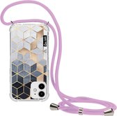 Casetastic Apple iPhone 12 Mini Hoesje met koord - Lanyard Case - Soft Blue Gradient Cubes Print