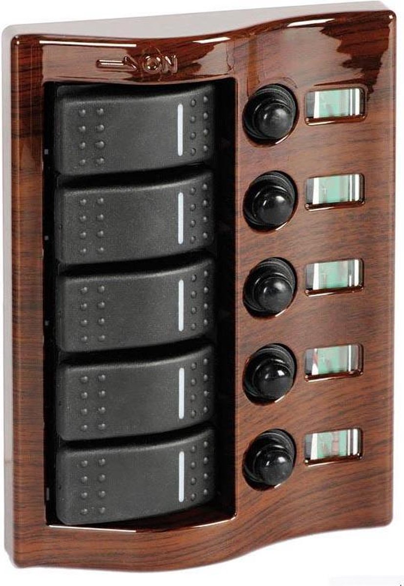 Marina 12V 5-voudig mahonie Schakelpaneel met LEDs