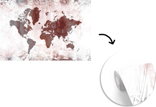 Carte du monde rouge foncé avec un motif gris dessus, décorée d'illustrations de fleurs 390x260 cm