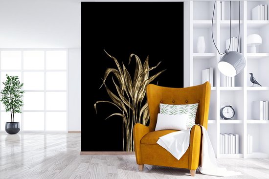 Longues fines feuilles dorées sur fond noir 195x300 cm