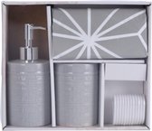 Badkamerset 3-delig grijs keramiek - Toilet/badkamer accessoires - tandenborstel beker - zeeppompje - douchegordijn