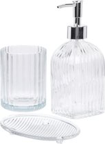 Badkamerset 3-delig transparant wit van glas - Toilet/badkamer accessoires - zeepbakje- tandenborstel beker - zeeppompje