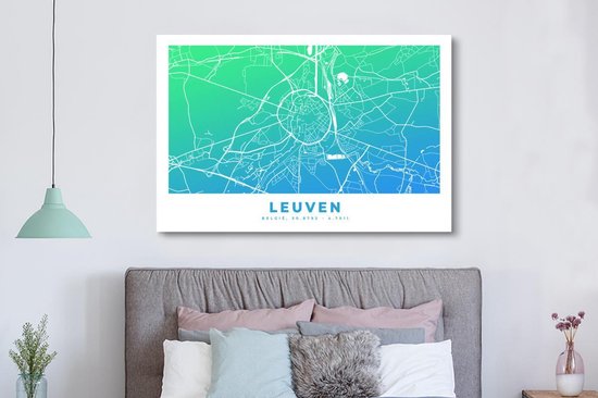 Tableau sur toile Carte de ville - Louvain - Blauw - België - 180x120 cm - Décoration murale XXL