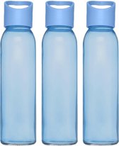 3x stuks glazen waterfles/drinkfles transparant blauw met schroefdop met handvat 500 ml - Sportfles - Bidon