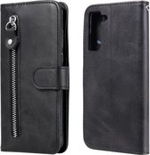 Voor Samsung Galaxy S21 FE Mode Kalf Textuur Rits Horizontale Flip Lederen Case met Houder & Kaartsleuven & Portemonnee (Zwart)