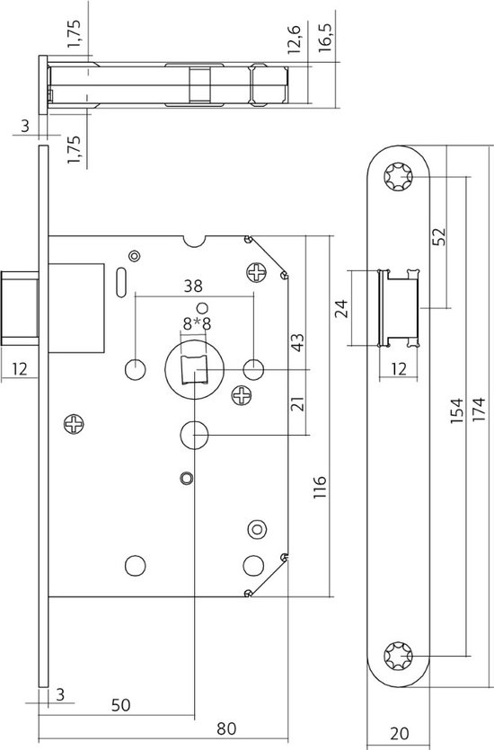 Technische tekening met afmetingen van een Intersteel deurslot.