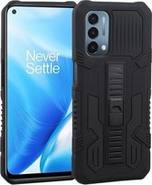 Voor OnePlus Nord N200 5G Vanguard Warrior All Inclusive Dubbele kleur schokbestendig TPU + pc-beschermhoes met houder (rotszwart)