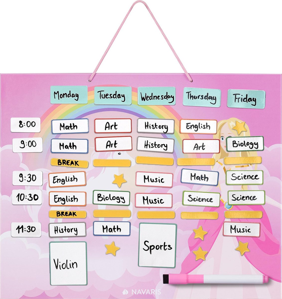 Navaris magnetische weekplanner - 40 x 32 cm - Inclusief 115 stickers en stift - Uitwisbare familieplanner - Magneetbord met prinsessendesign - Roze