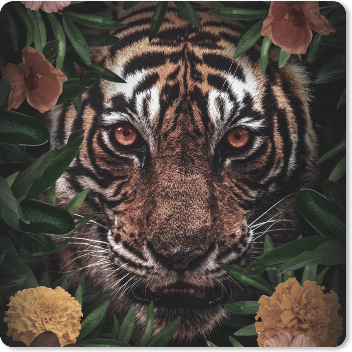 Muismat 30x30 cm - Mousepad Tijger - Jungle - Bloemen - Muismatten