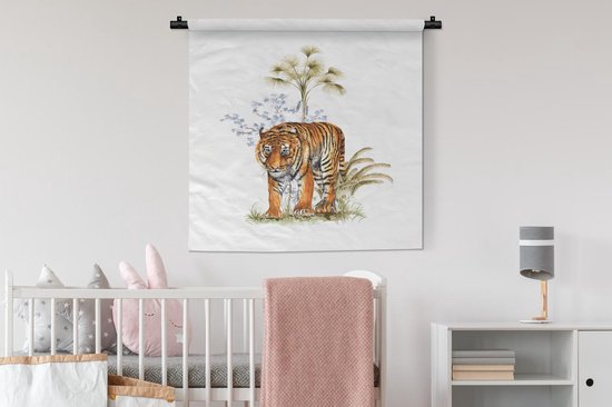 Wandkleed - Wanddoek - Tijger - Planten - Afbeelding - 90x90 cm - Wandtapijt
